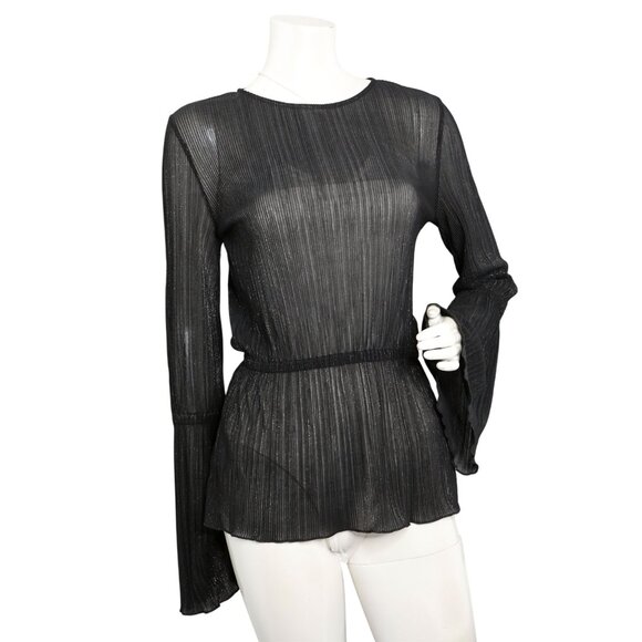 Michael Kors Black Sheer Bell Sleeve Blouse Pleated Top Metallic Thread Elastic - Picture 6 of 13